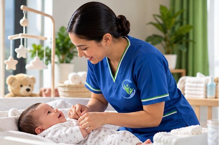 Sanadkom caregiver sharing a caring moment with a newborn