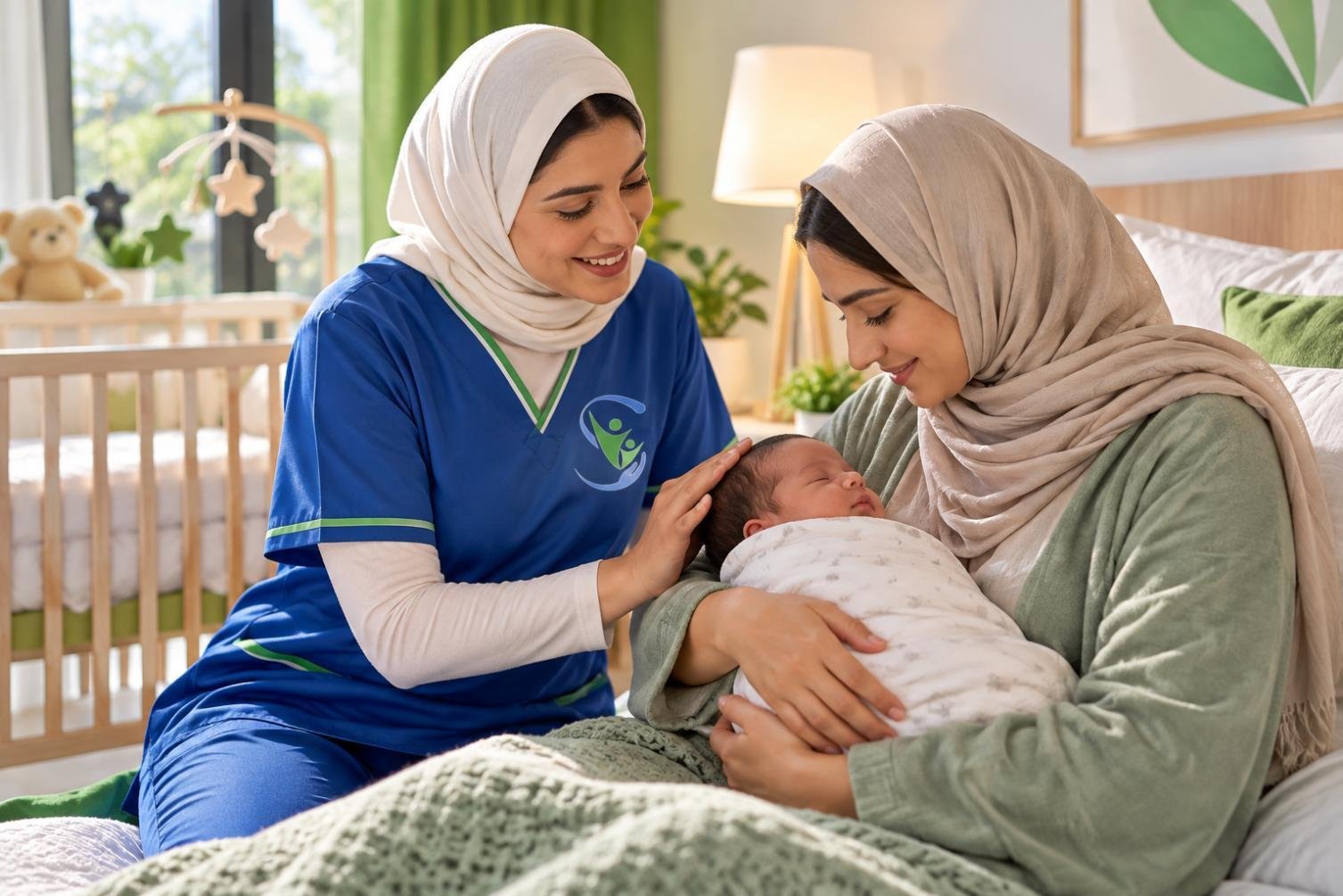 Caregiver supporting a mother and newborn at home