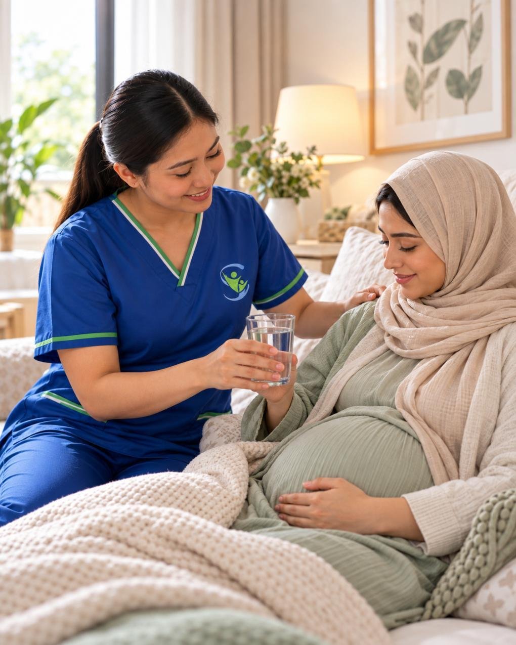 Caregiver helping a mother feel supported after childbirth
