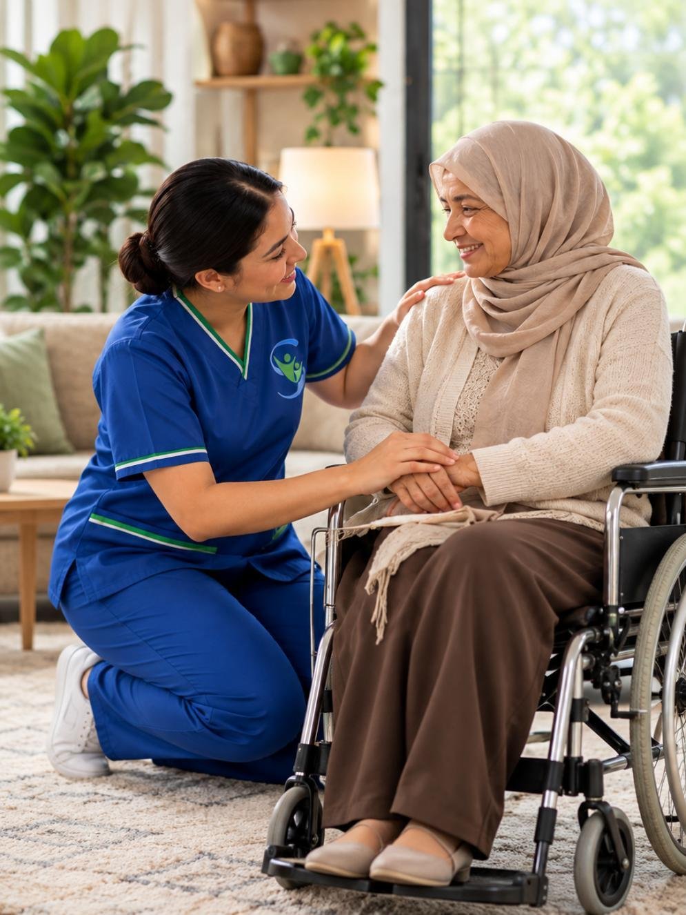Caregiver supporting an older woman in her familiar home environment