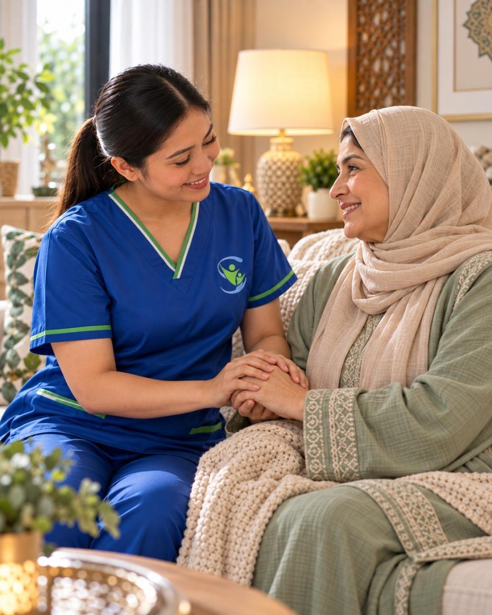 Sanadkom caregiver sharing a reassuring conversation with an older woman