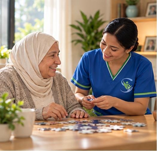 Caregiver and older woman enjoying a familiar activity together