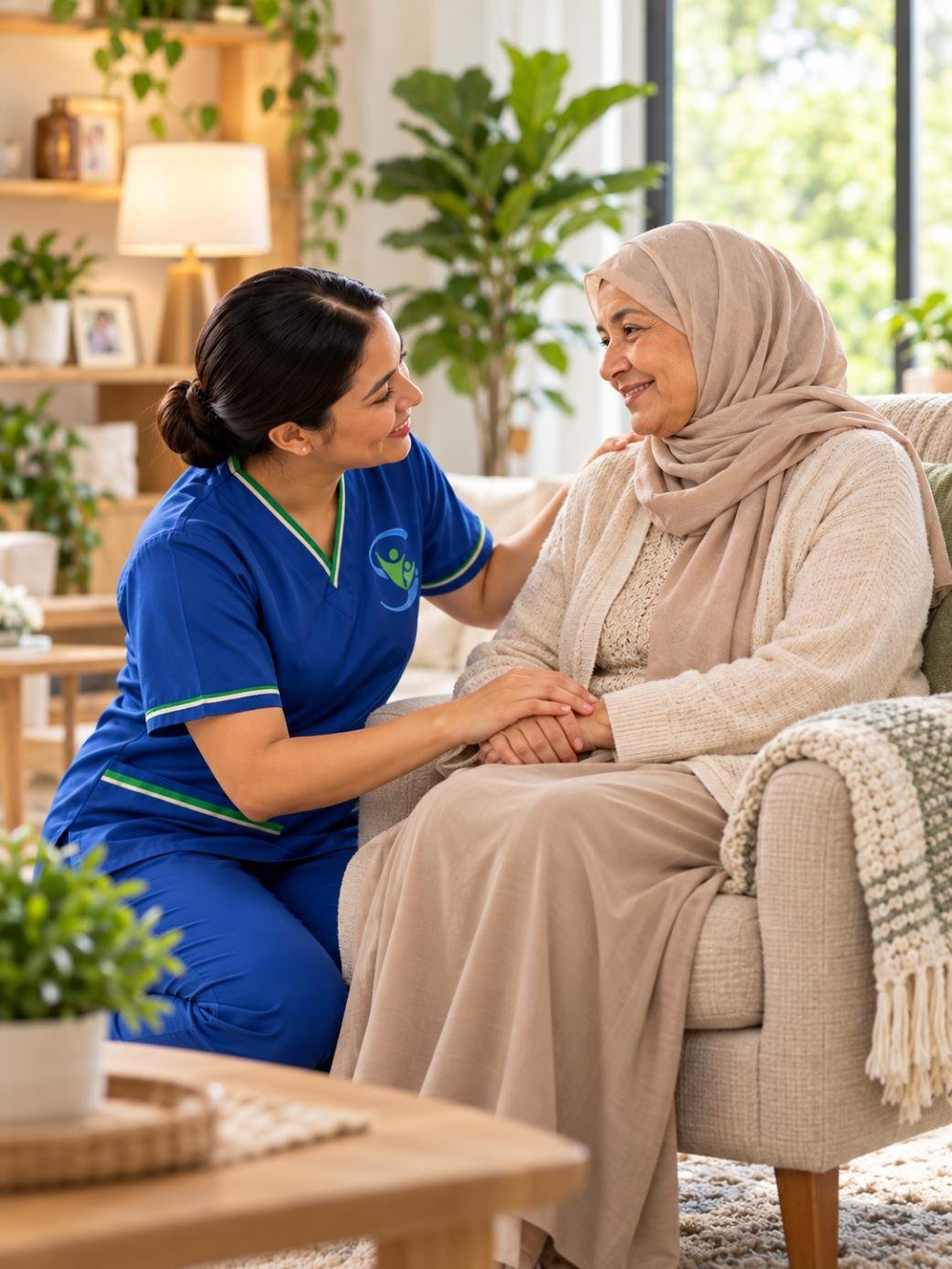 Sanadkom caregiver offering warm companionship to an older woman at home